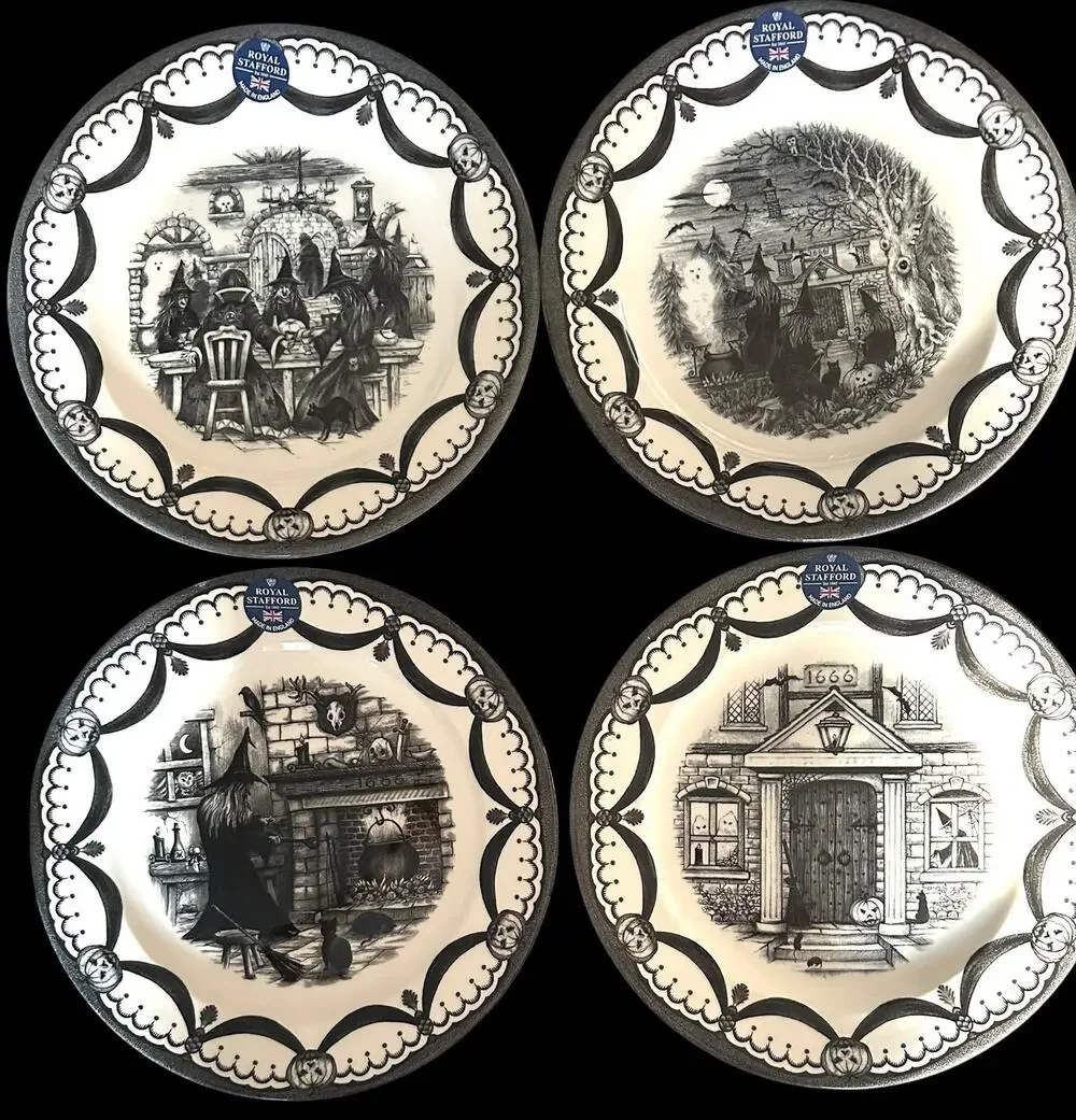 4 Royal Stafford Halloween Spookyville Haunted Home 11” Dinner Plates New w/ Tag